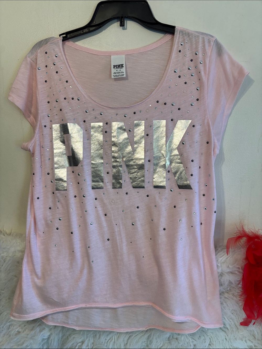 PINK Victoria's Secret Pale Pink Short Sleeve Tee with Silver Foil Logo